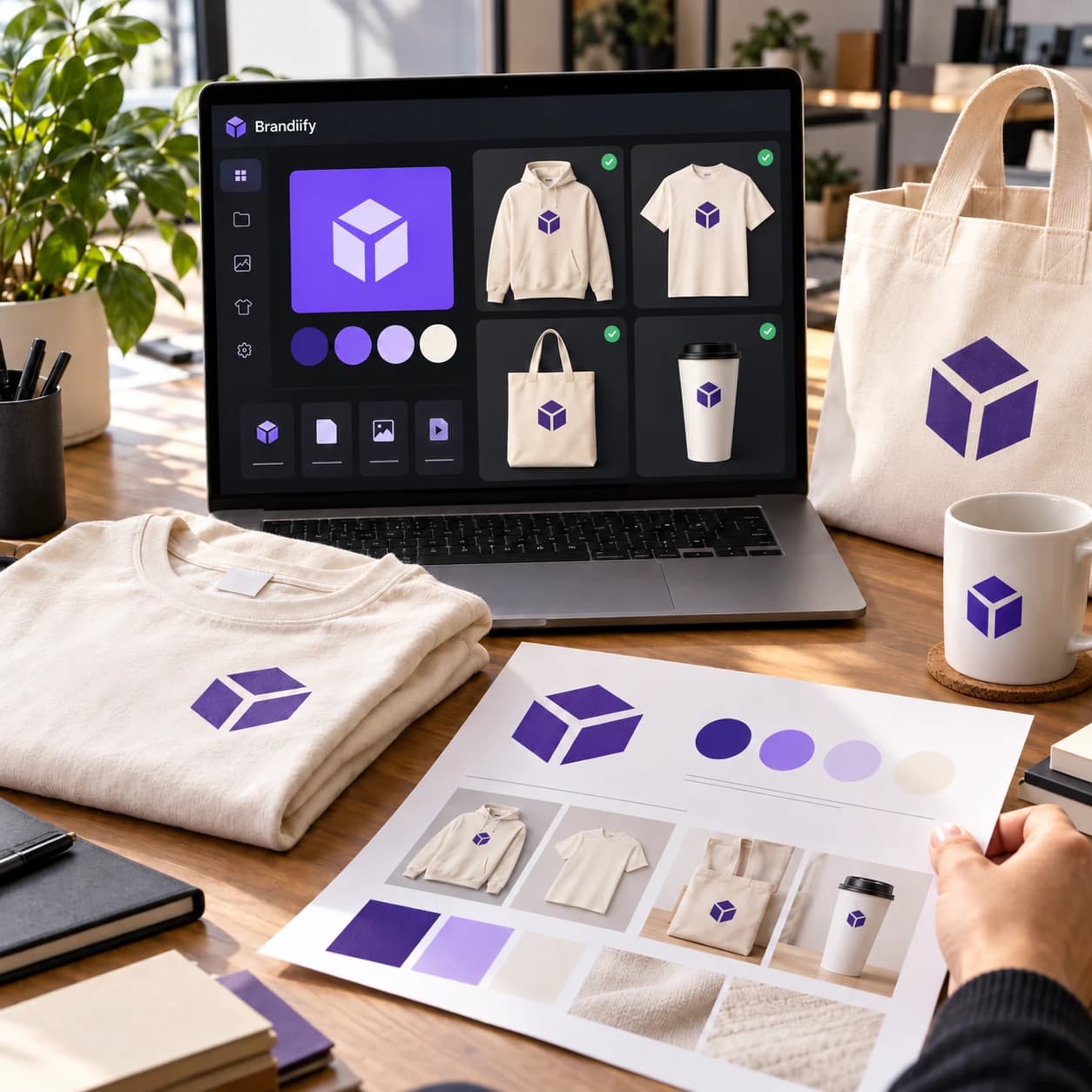 Brand workspace with matching product previews, print proofs, and finished products